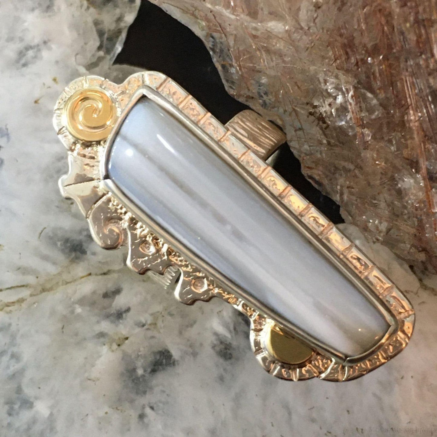 Myron Pantea Vintage Sterling Silver and 14K Gold Blue Lace Agate Ring In Variety of Sizes