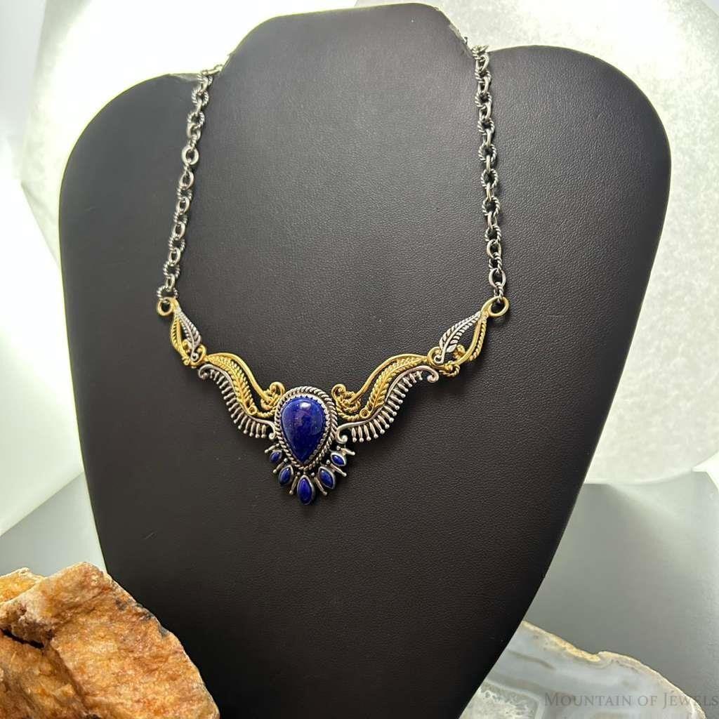 Carolyn Pollack Sterling Silver & Brass Lapis Decorated 15" Necklace For Women
