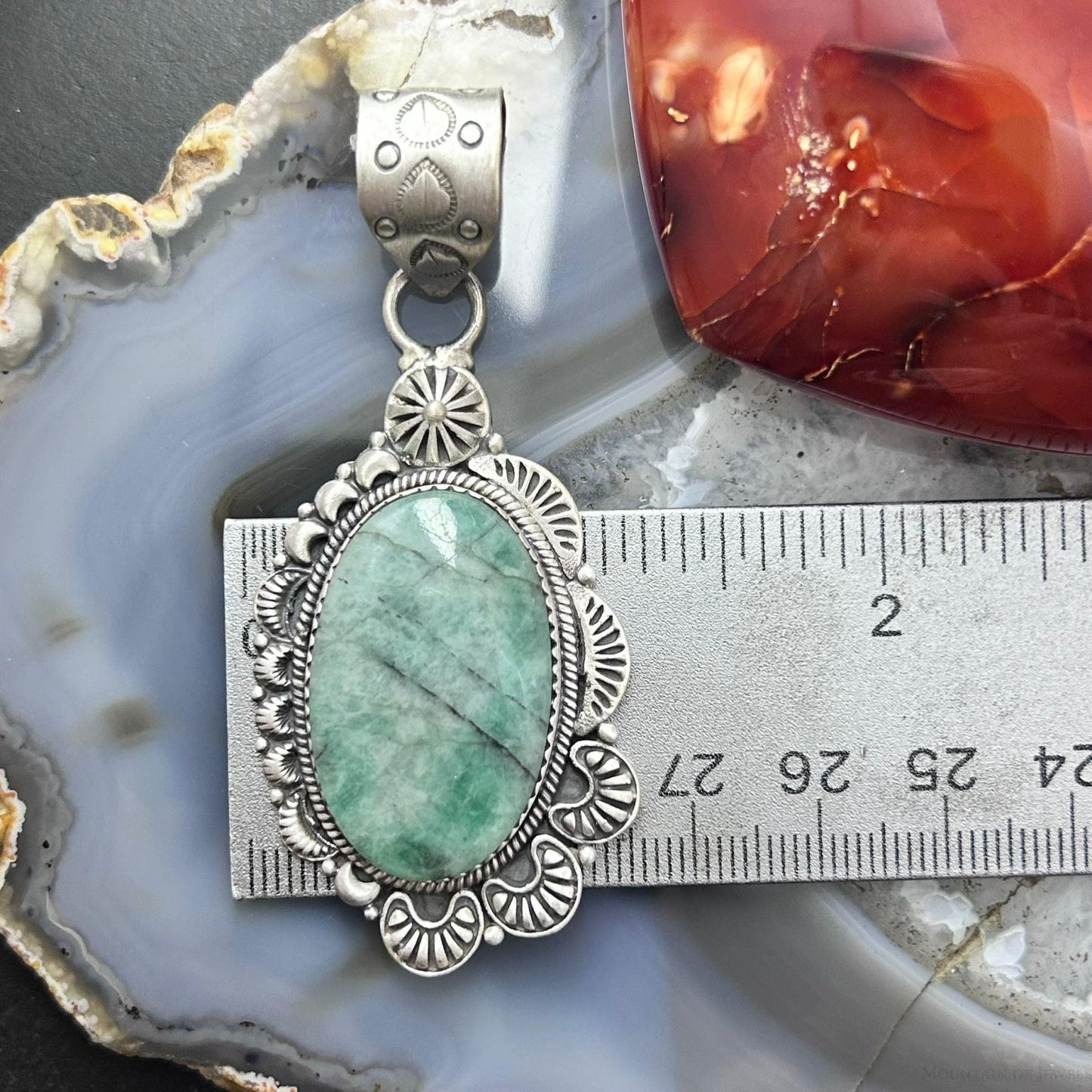 Sterling Silver Southwestern Style Oval Emerald Decorated Pendant For Women
