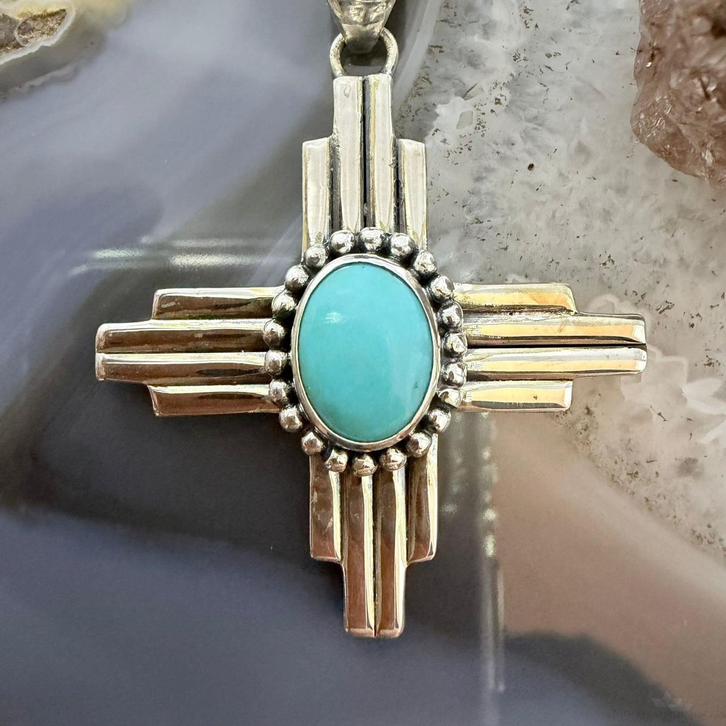 Sterling Silver Southwestern Style Oval Turquoise Unisex Zia Pendant