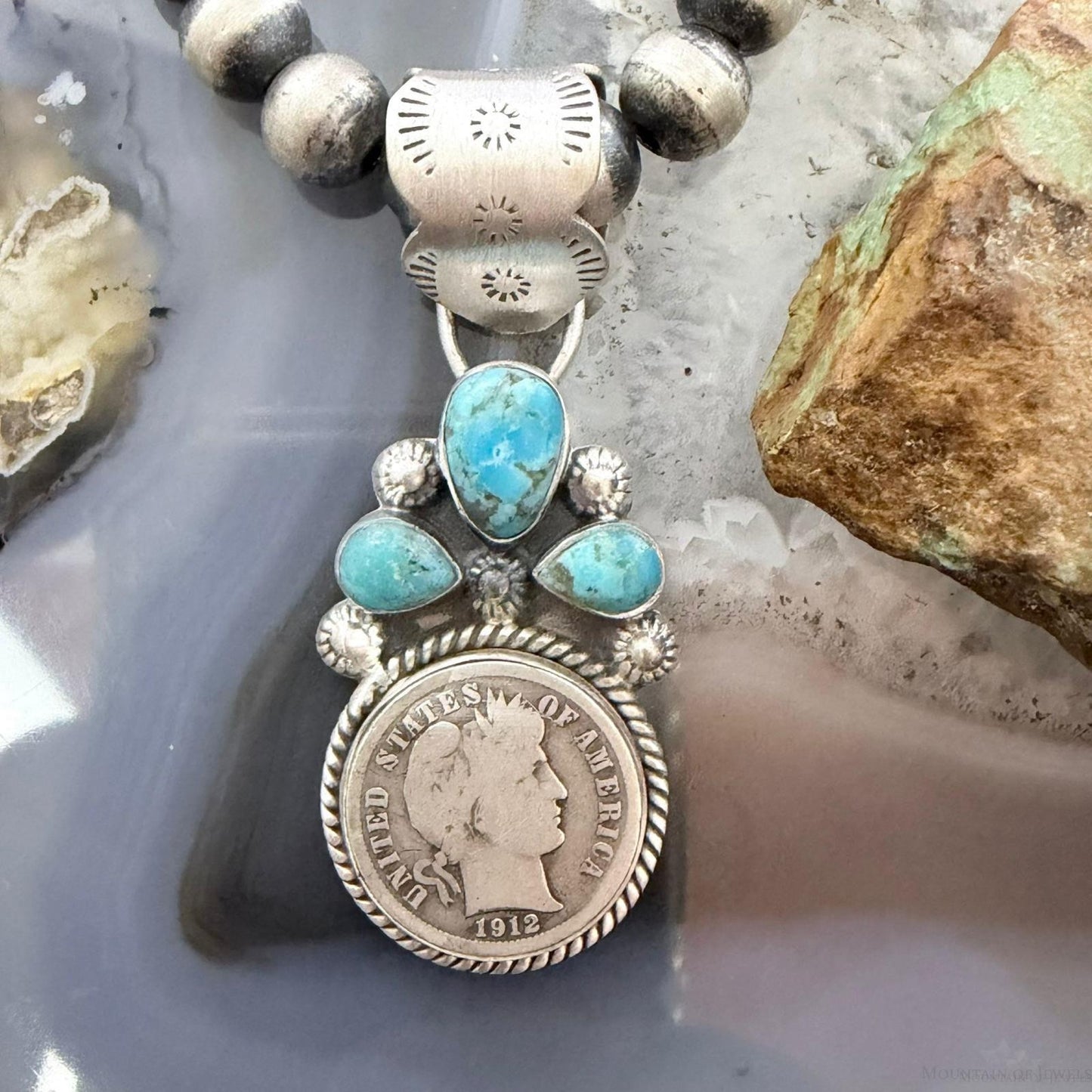 Genuine 1912 90% Silver Barber Head Dime Coin Mohave Turquoise Unisex Pendant