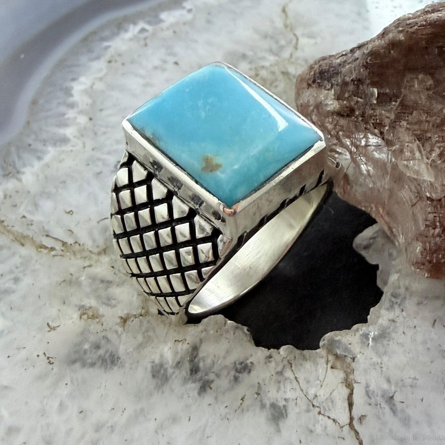 Native American Sterling Silver Rectangle Kingman Turquoise Decorated Ring Size 10 For Men