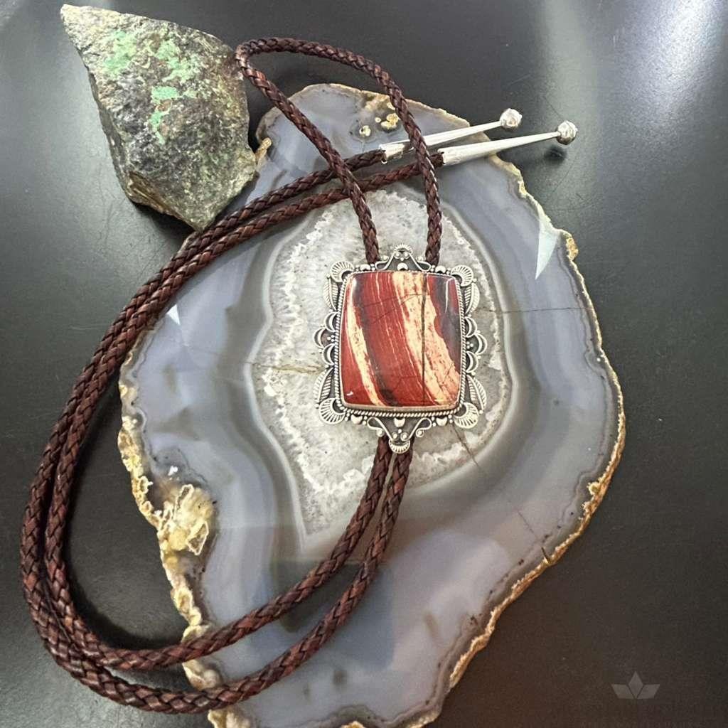 Sterling Silcer Southwestern Style Large Snake Skin Jasper Decorated Bolo Tie For Men