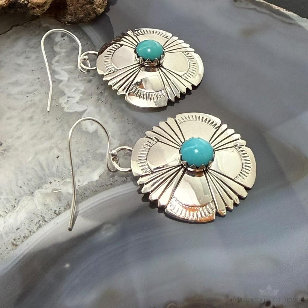 Michael Nez Navajo Sterling Silver Round Turquoise Stamped Dangle Earrings For Women
