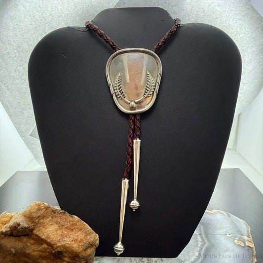 Vintage Native American Silver Round 2 Leaf Branches Decorated Bolo Tie For Men