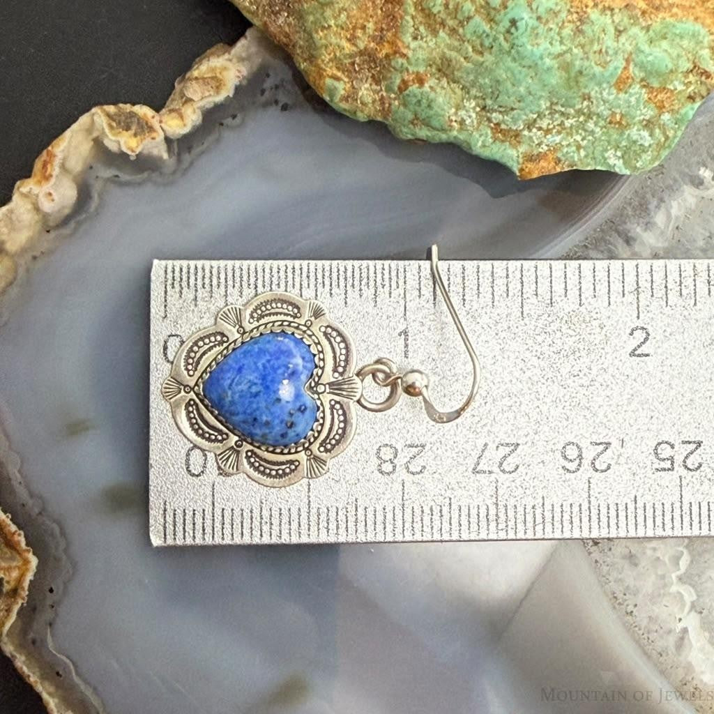 Vintage Signed Sterling Silver Denim Lapis Heart Dangle Earrings For Women
