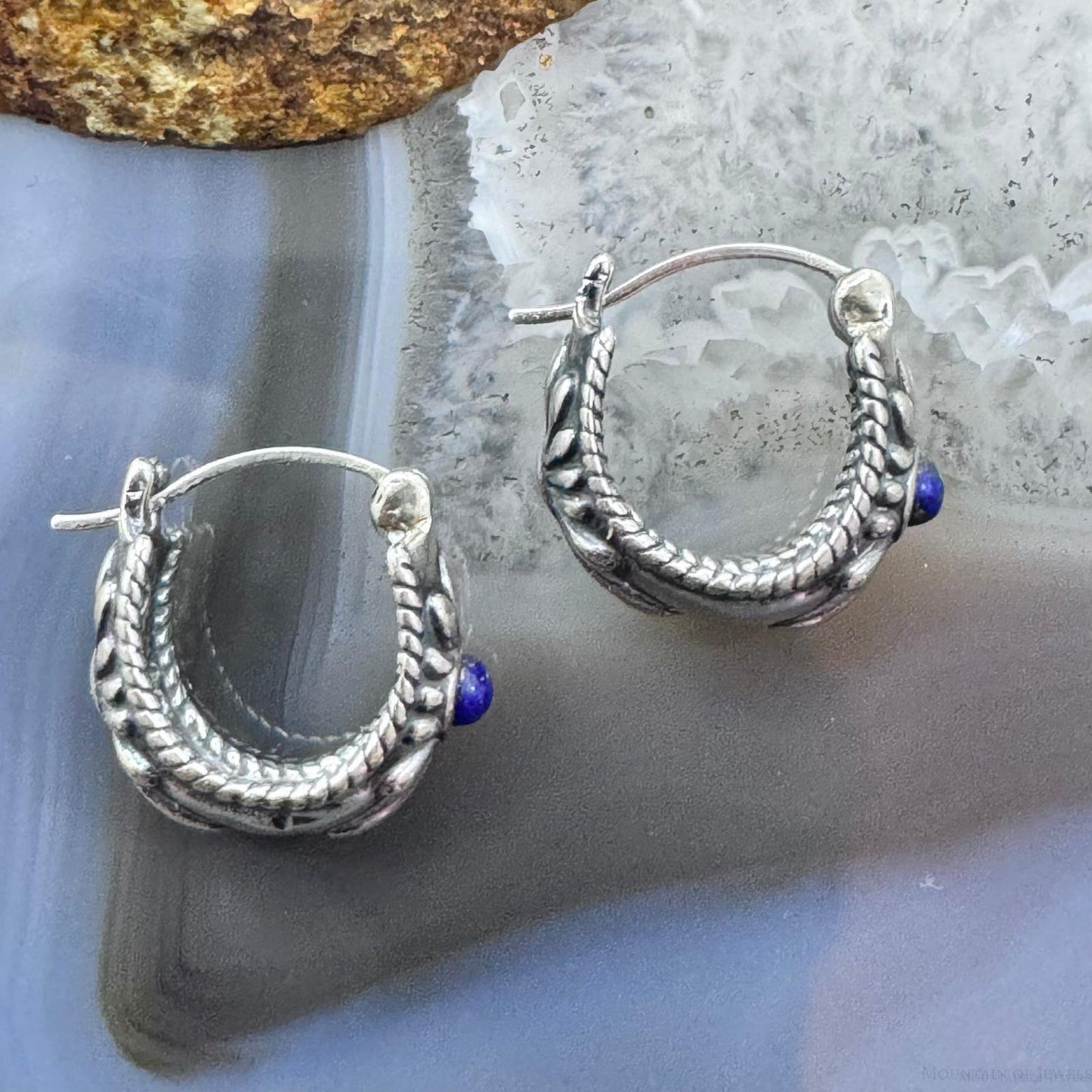 Carolyn Pollack Sterling Silver Round Lapis Decorated Hoop Earrings For Women