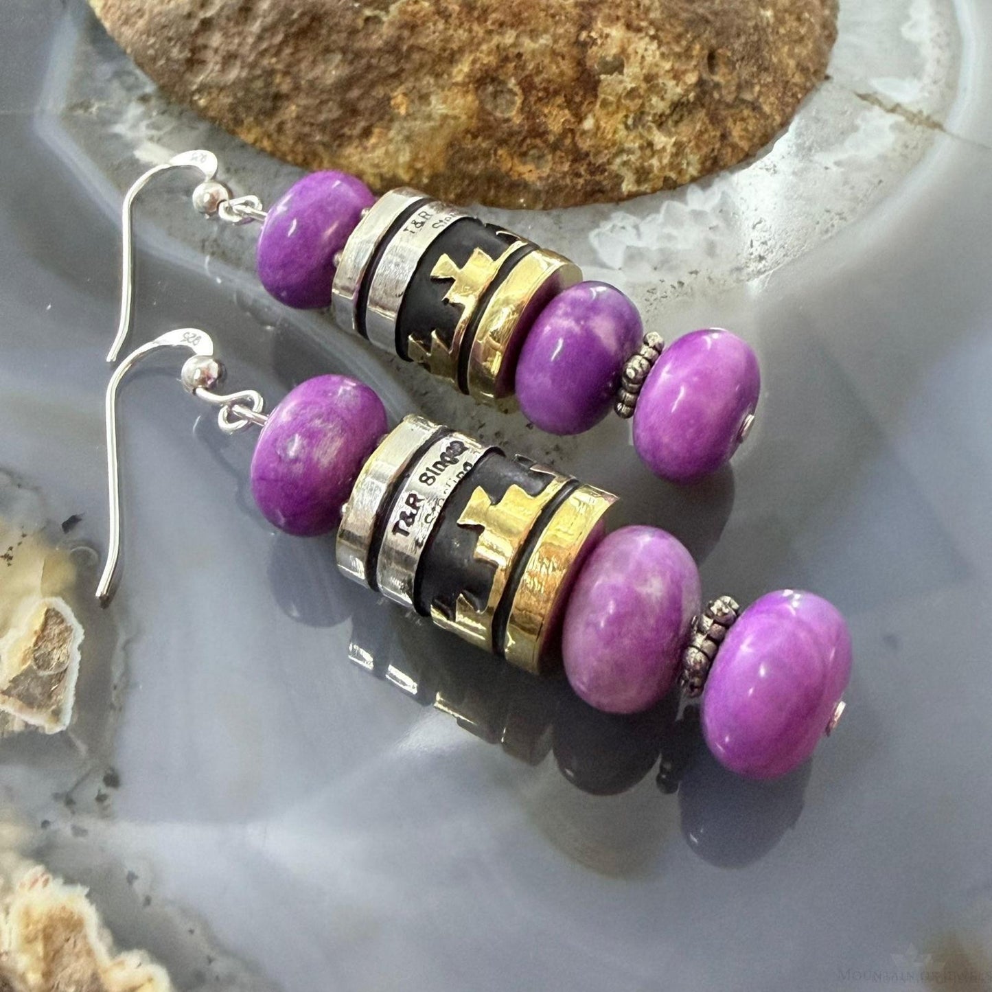 Tommy & Rosita Singer Sterling Silver Charoite Rounded Beads Dangle Earrings For Women