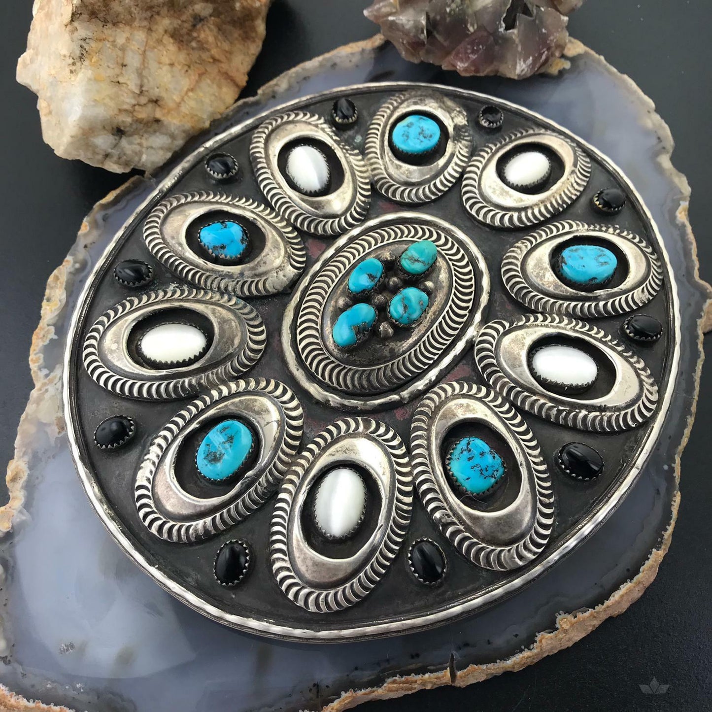 Heavy Silver Belt Buckle Turquoise Mother of Pearl and Onyx Oval Belt Buckle