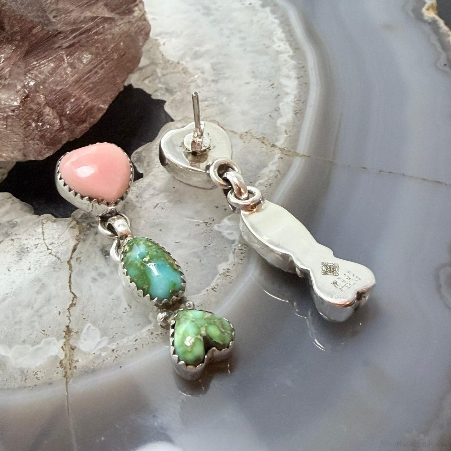 Sterling Silver Southwestern Style Sonora Gold Turquoise & Pink Conch Dangle Earrings For Women
