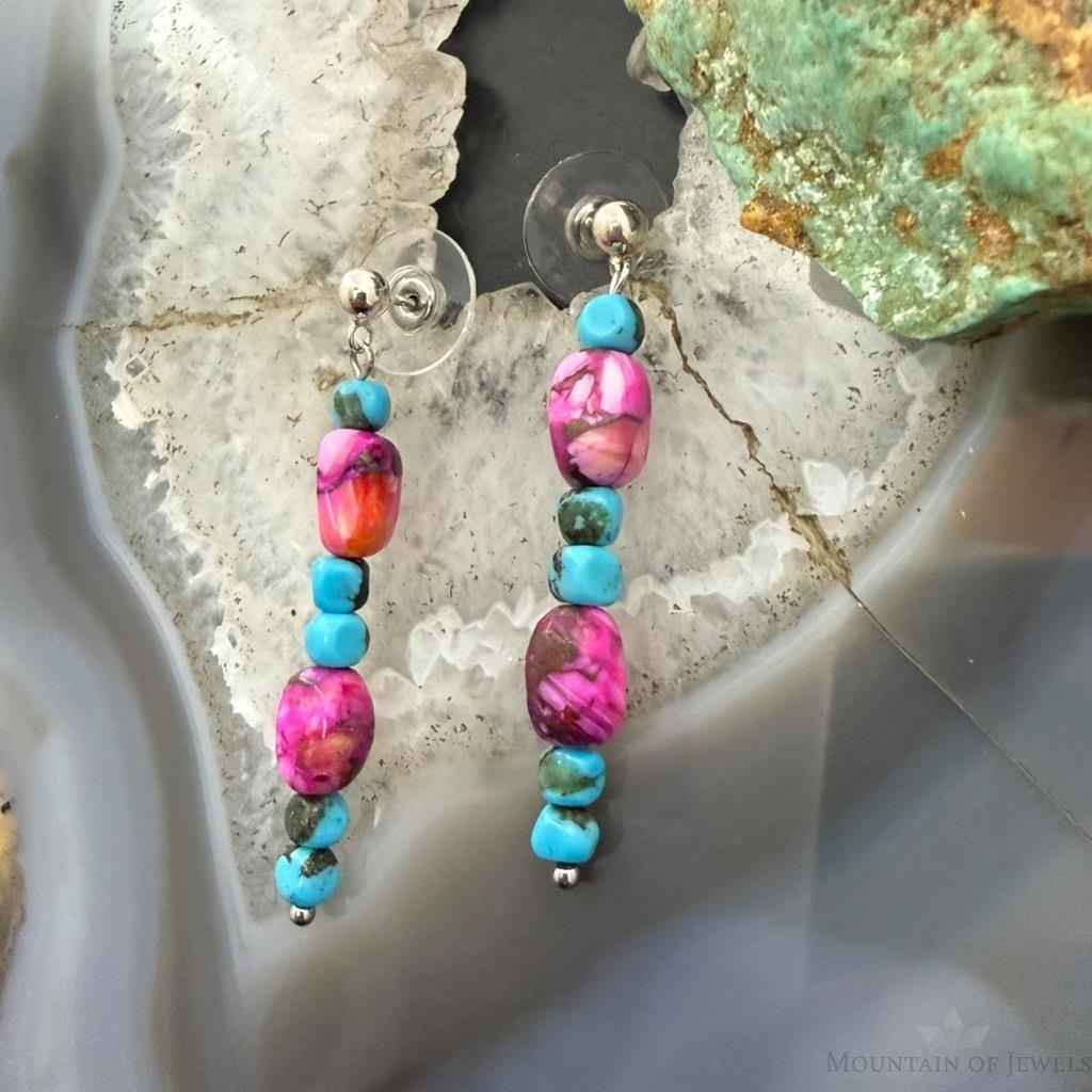 Sterling Silver Turquoise & Pink Dahlia Beads Long Dangle Earrings For Women