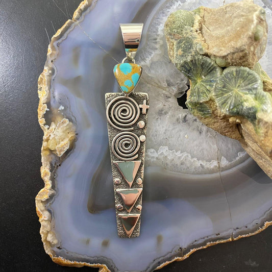 Alex Sanchez Native American Sterling Silver Turquoise Petroglyph Long Unisex Pendant