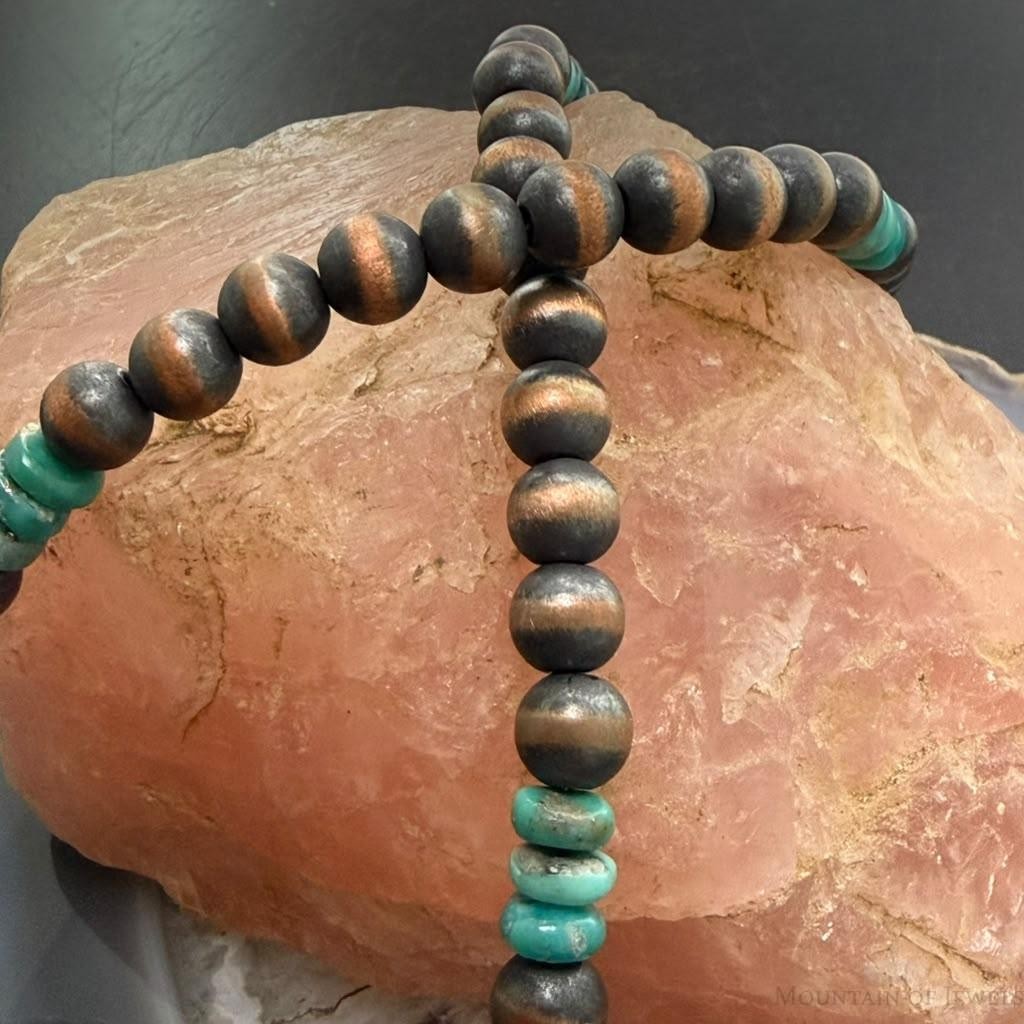 Southwestern Style Copper 8mm Navajo Pearl Beades & Turquoise 18"-20" Necklace For Women