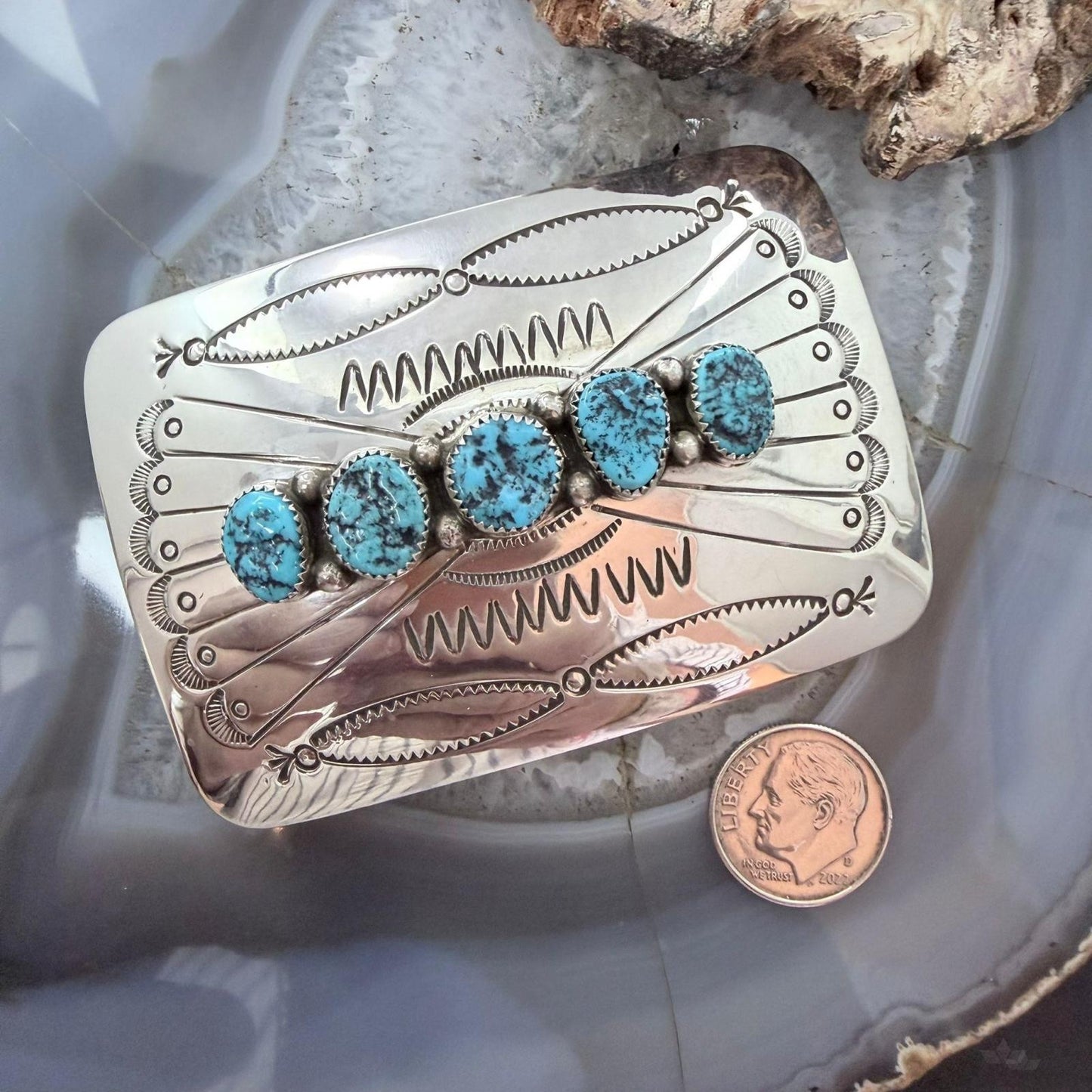 Joann Begay Native American Sterling Silver 5 Turquoise Stamped Belt Buckle For Men