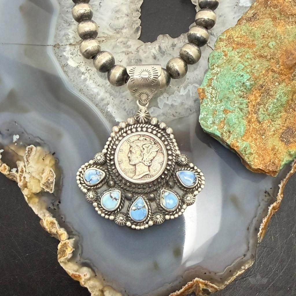 Sterling Silver Southwestern Style 1945 Mercury Dime & Golden Hill Turquoise Pendant