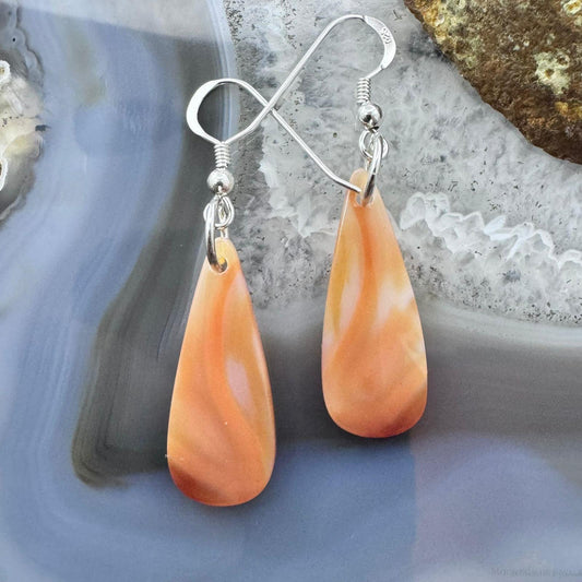 Sterling Silver Elongated Teardrop Carnelian Slab Dangle Earrings For Women #218