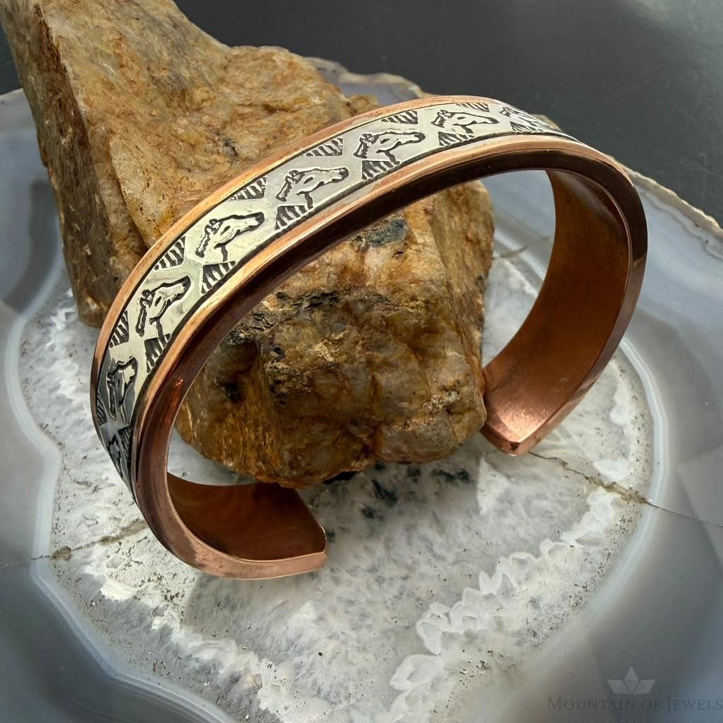 Wylie Secatero Navajo Sterling Silver & Copper Stamped Horse Bracelet For Women