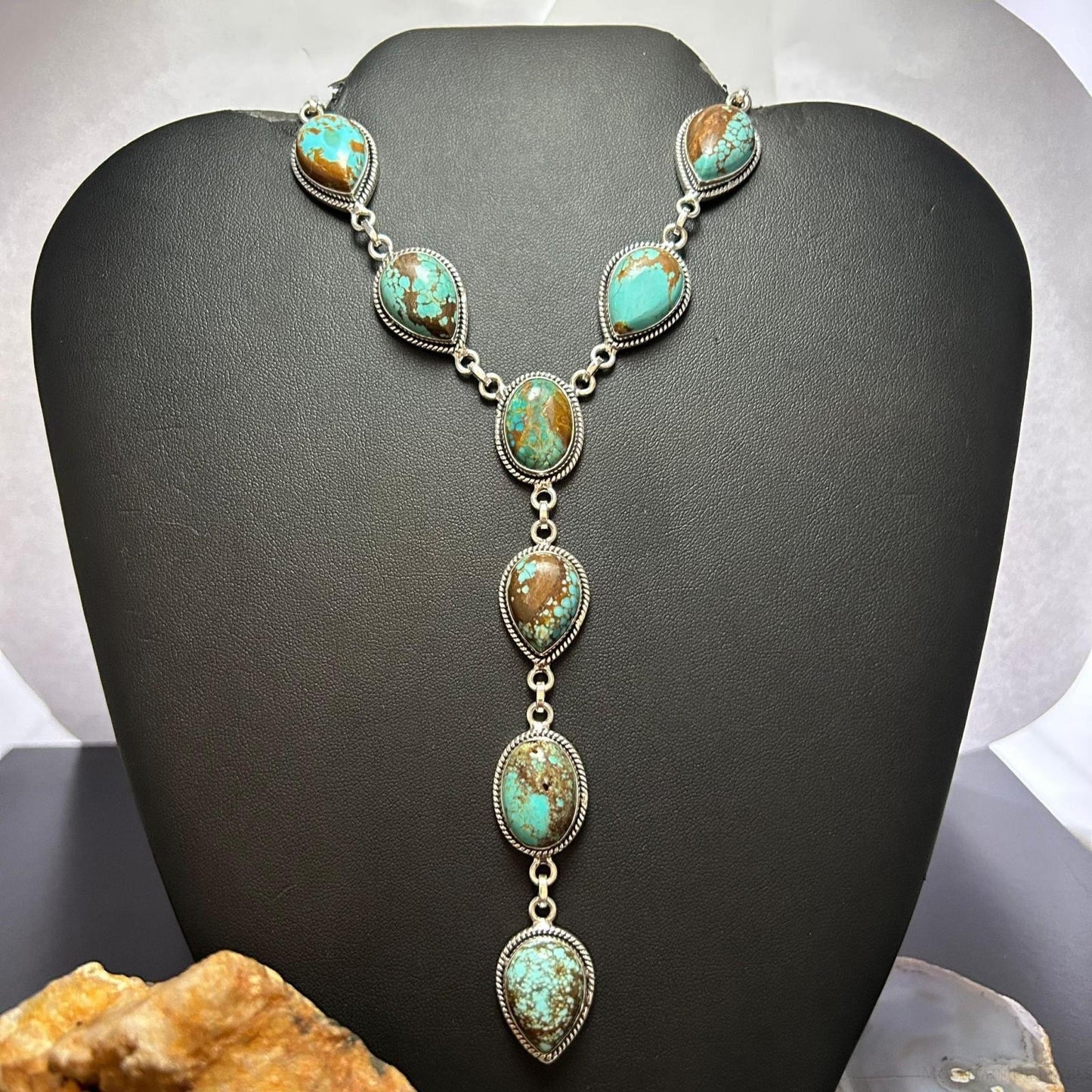 Sterling Silver Southwestern Style Turquoise #8 Cluster Lariat 28" Necklace For Women #1