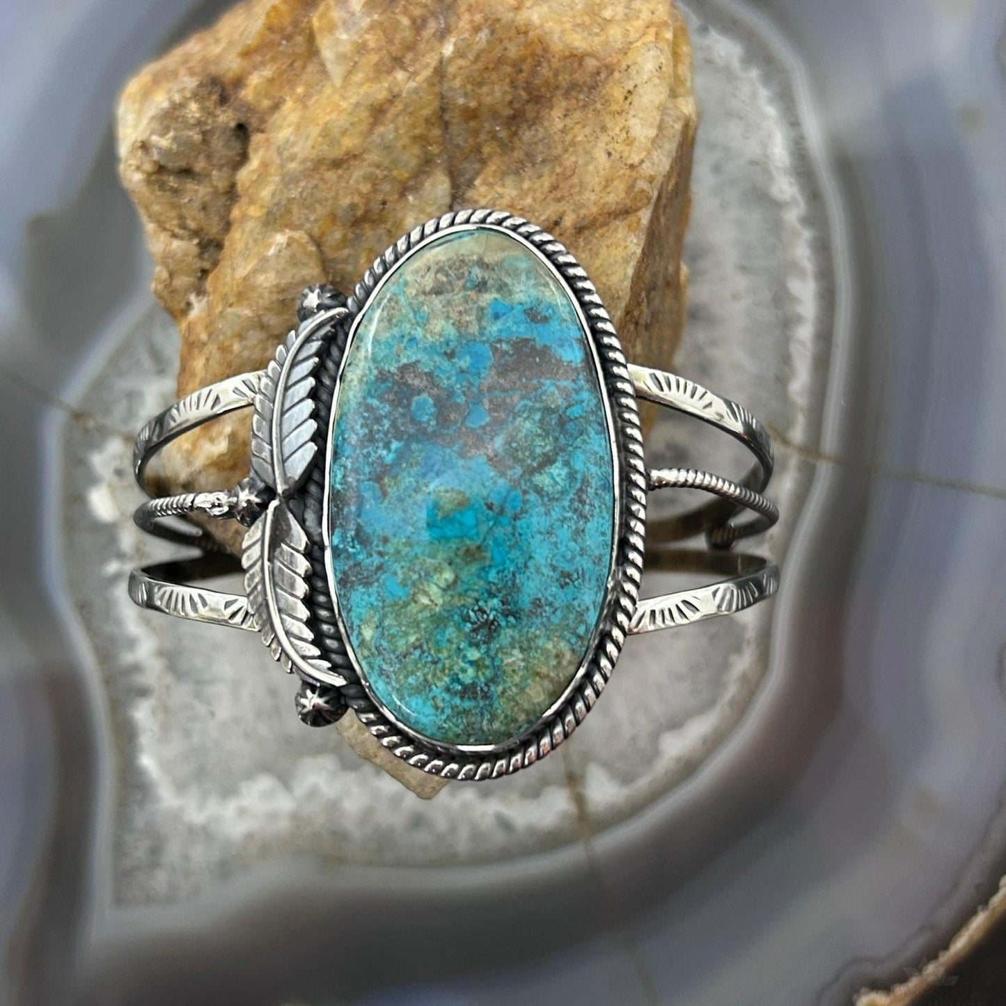 Sterling Silver Southwestern Style Large Oval Shattuckite Bracelet For Women