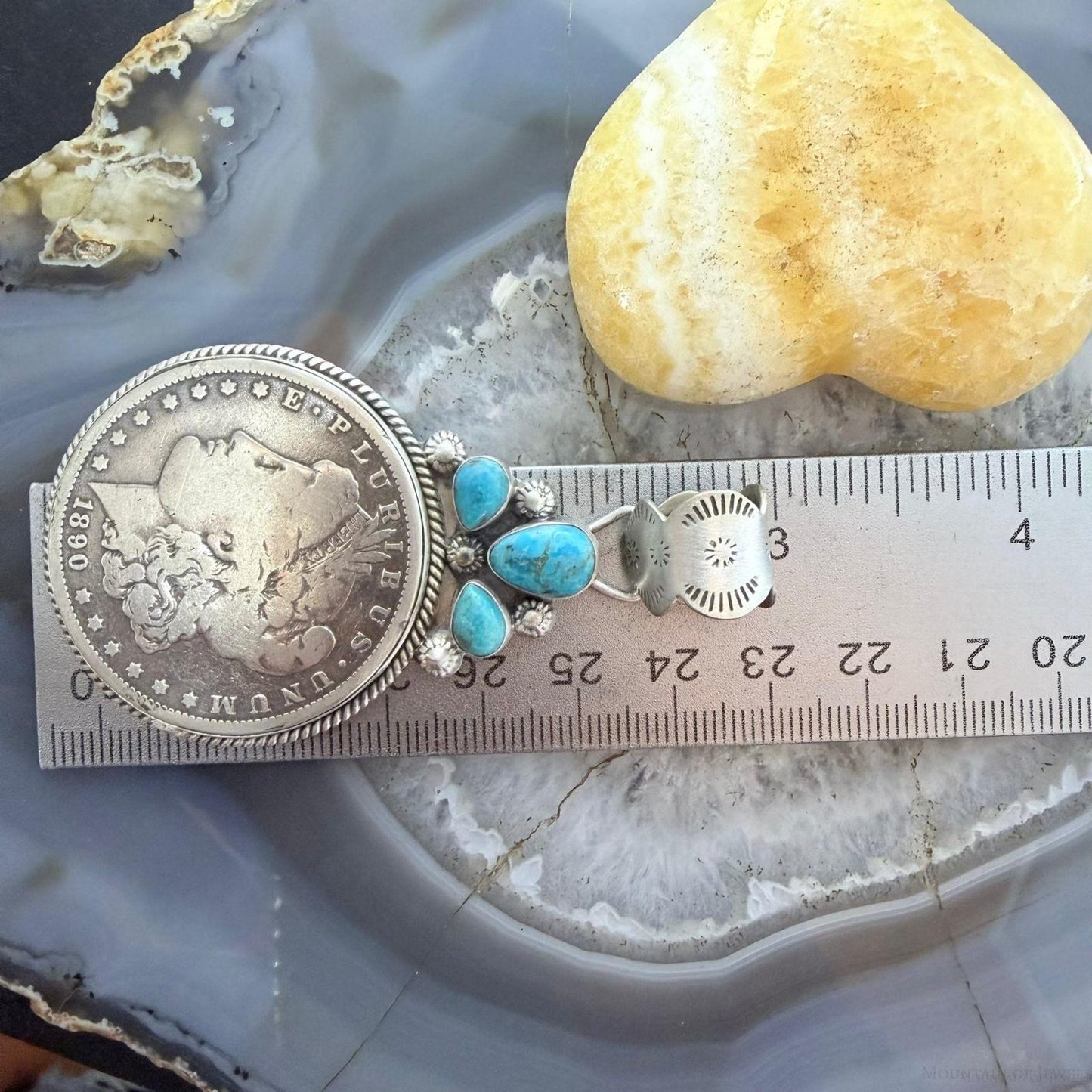 Genuine 1890 90% Morgan Silver Dollar Coin Turquoise Decorated Unisex Pendant