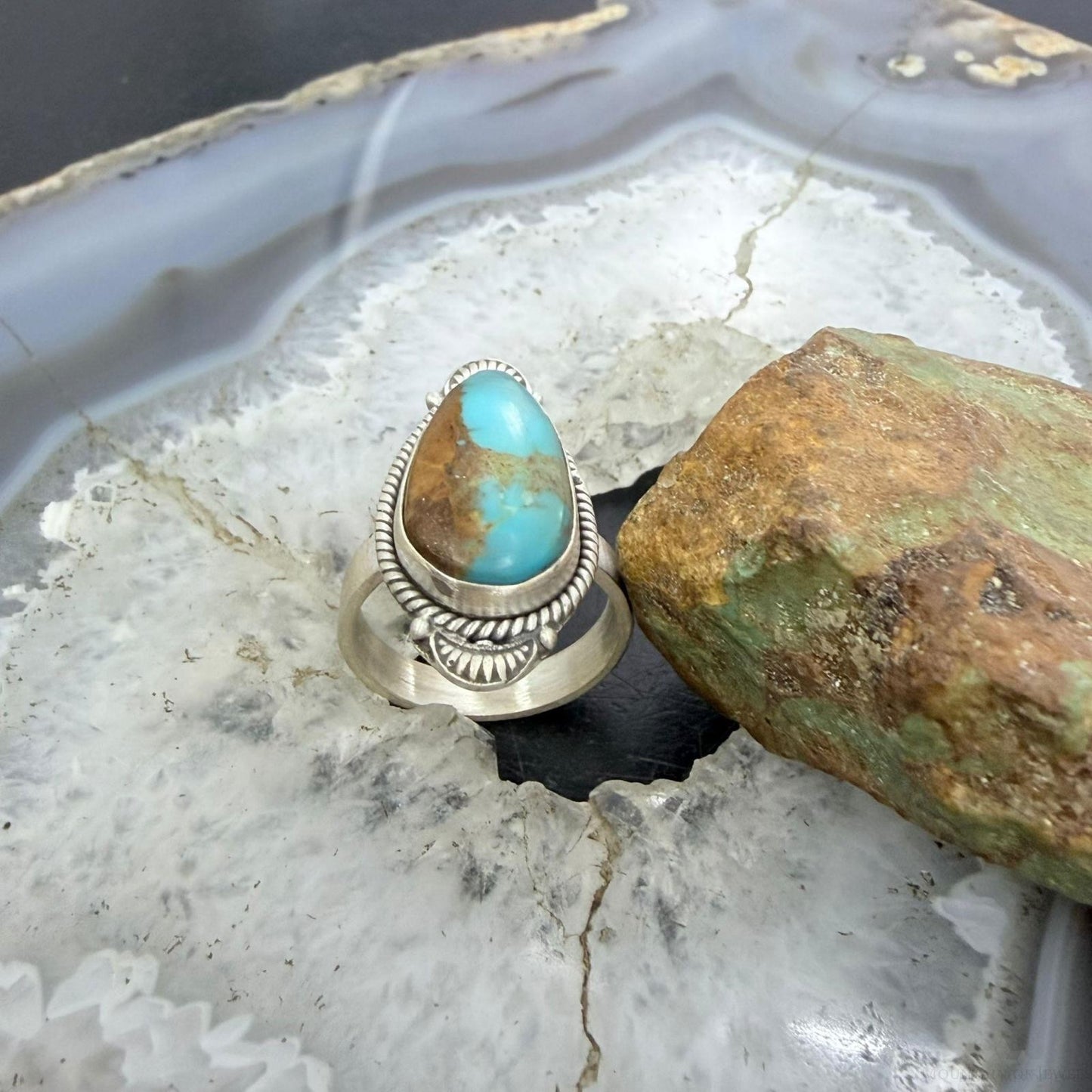 Sterling Silver Southwestern Style Teardrop Kingman Turquoise Adjustable Ring