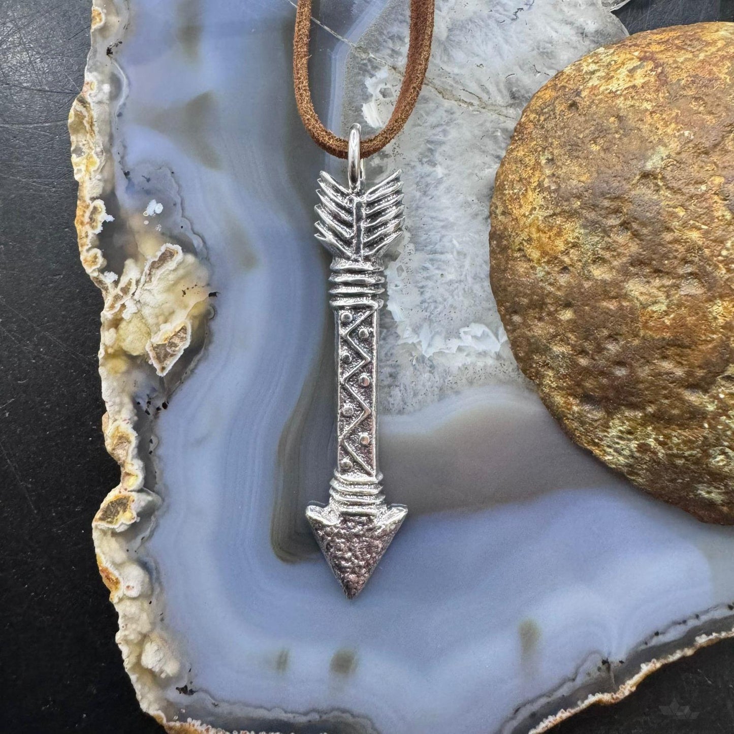 Gary Custer Sterling Silver Tufa Cast Unisex Arrow Pendant w/Adjustable Leather Cord