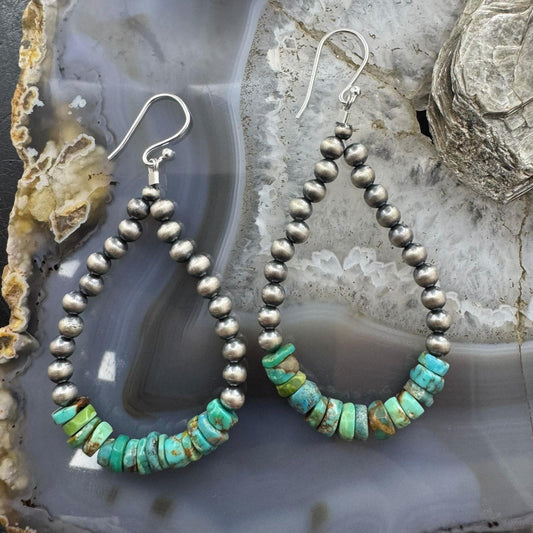Sterling Silver 4mm Navajo Pearl Southwester Style & 6mm Turquoise Bead Hoop Earrings For Women