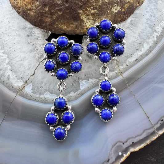 Sterling Silver Southwestern Style 11 Lapis Cluster Flower Dangle Earrings For Women