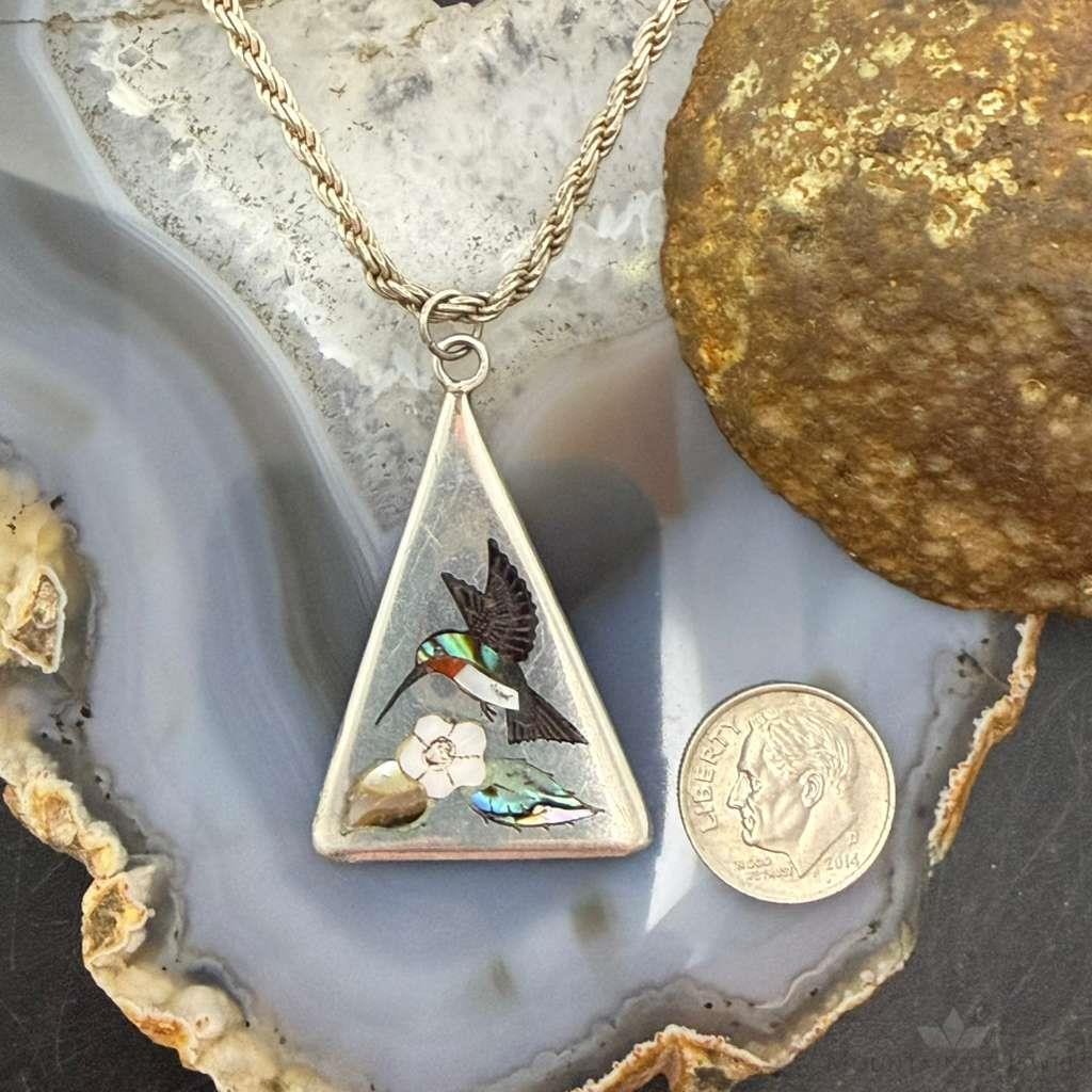 Vintage Linda Barber Zuni Sterling Silver Inlay Hummingbird Pendant For Women
