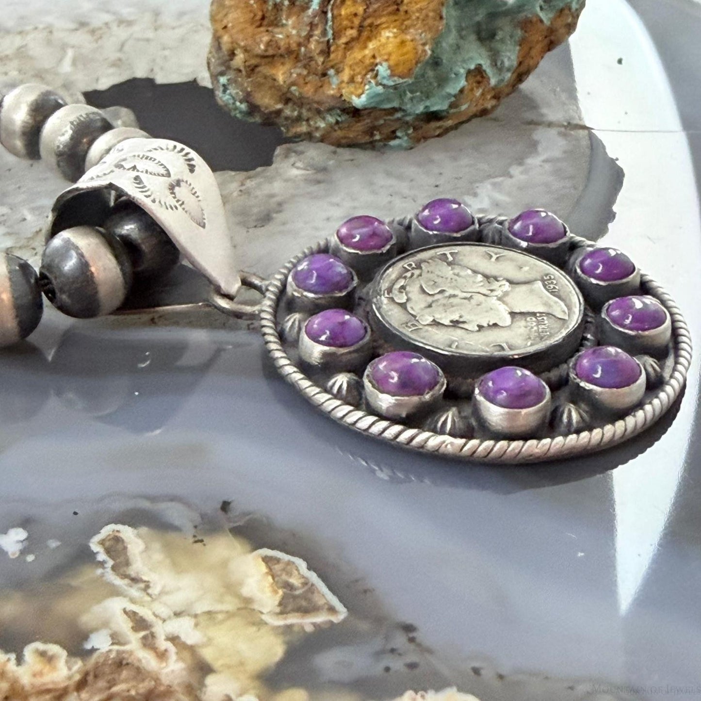 Genuine 1935 90% Silver Mercury Dime Coin w/Purple Dahlia Decorated Unisex Pendant