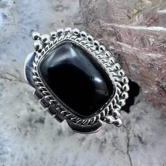 Southwestern Style Sterling Silver Rectangle Onyx Decorated Unisex Ring Size 9.75