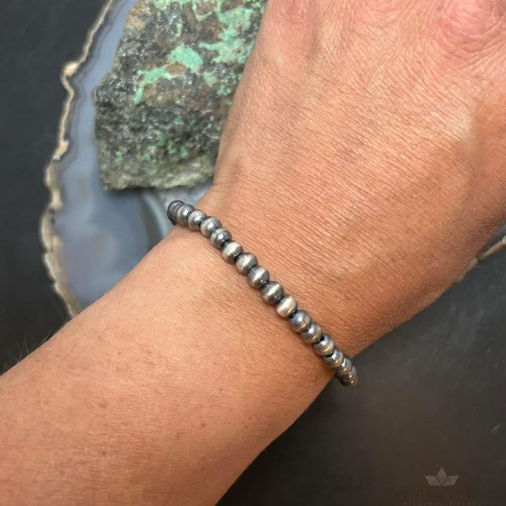 Sterling Silver 5mm Navajo Pearl Beads Stretch Bracelet For Women
