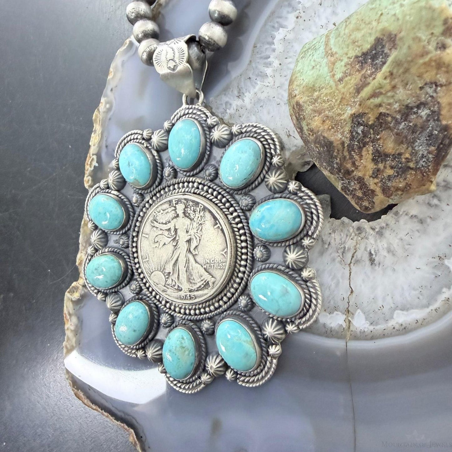 Genuine 1945 90% Silver Walking Liberty Half Dollar Coin w/Turquoise Unisex Pendant