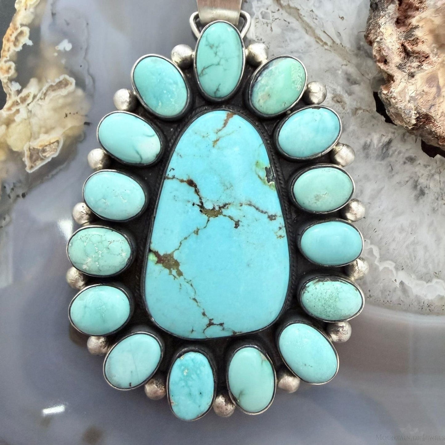 Antoinette Martinez Native American Sterling Silver Kingman Turquoise Cluster Pendant For Women