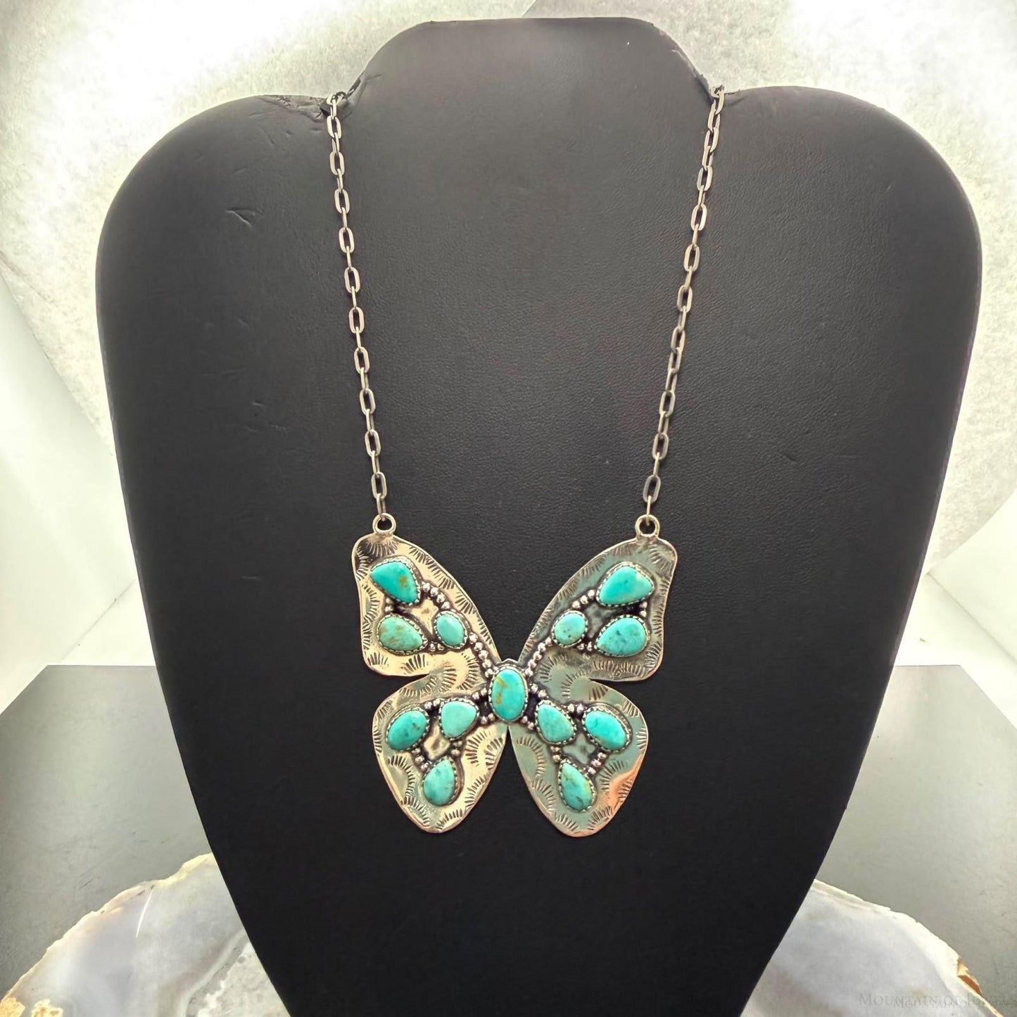 Sterling  Silver Southwestern Style Kingman Turquoise Butterfly Pendant 20.5" Necklace For Women