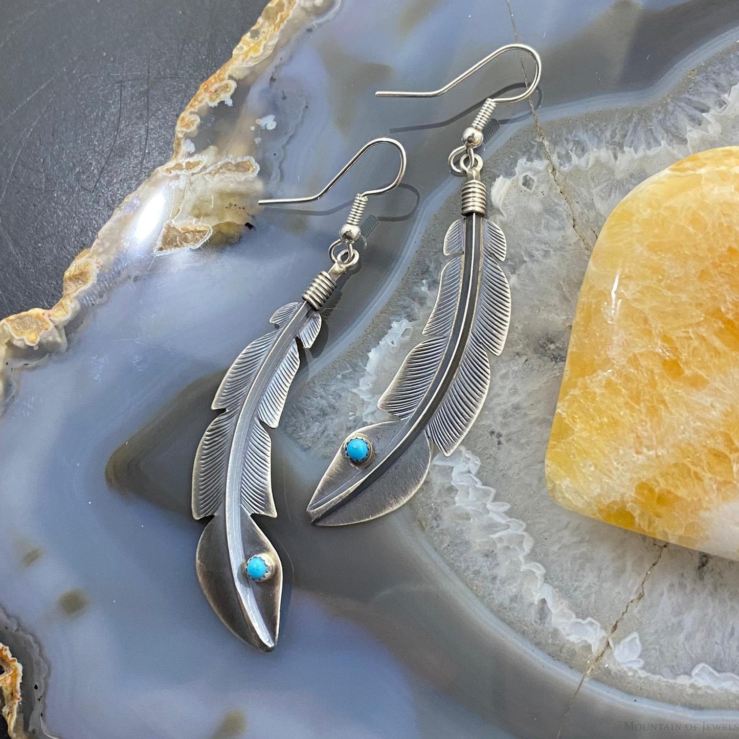 Billy Long Sterling Silver Feather w/Turquoise Dangle Earrings For Women
