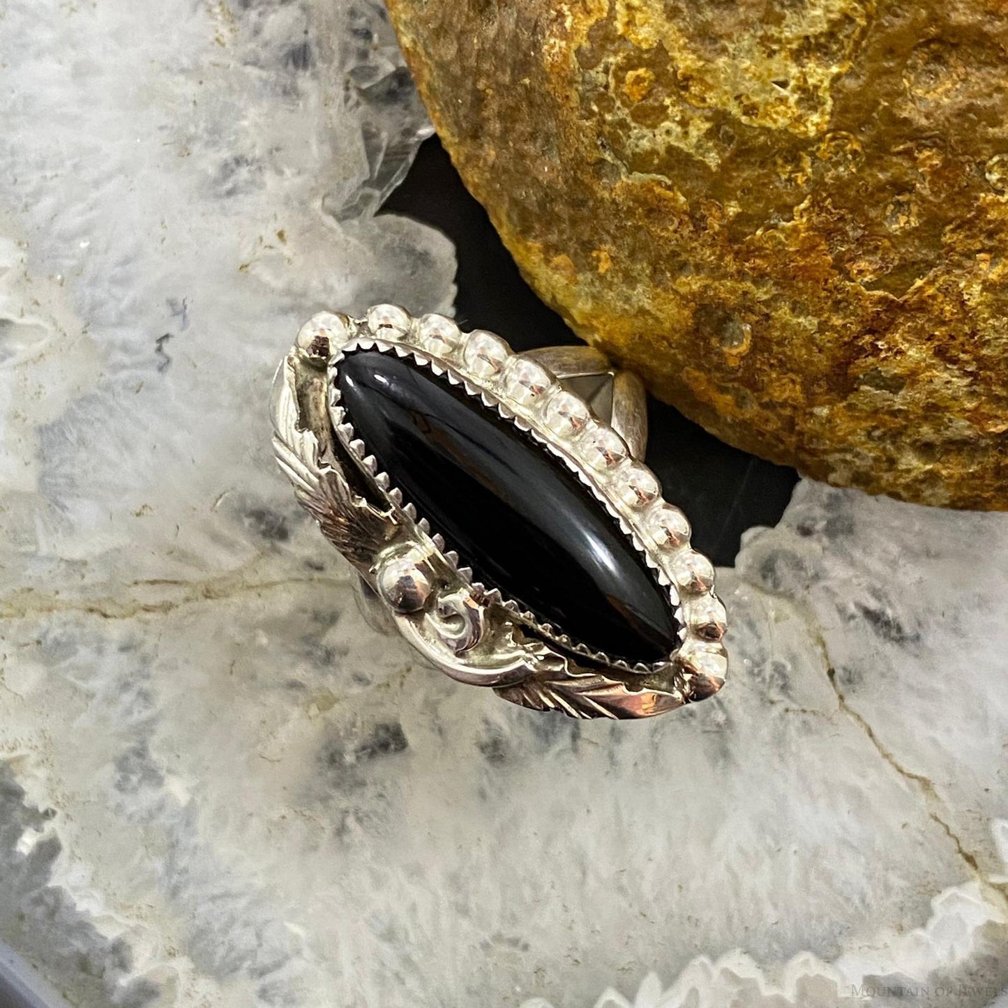 S.Ray Native American Sterling Marquise Onyx Decorated Ring Size 5.5 For Women