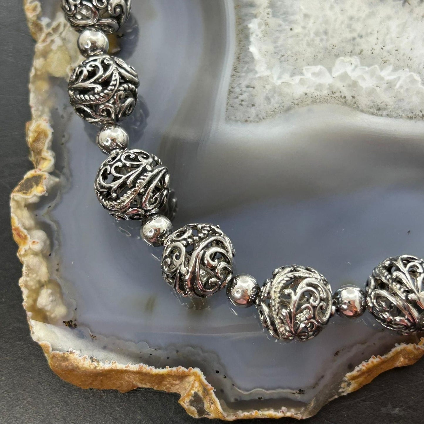 Carolyn Pollack Sterling Silver Decorated Swirl Hallow Beaded Necklace For Women