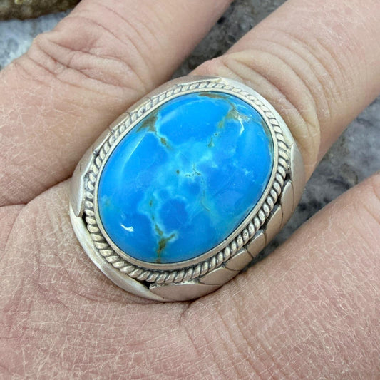 Native American Sterling Silver Oval Kingman Turquoise Shield Ring Size 11.25 For Men