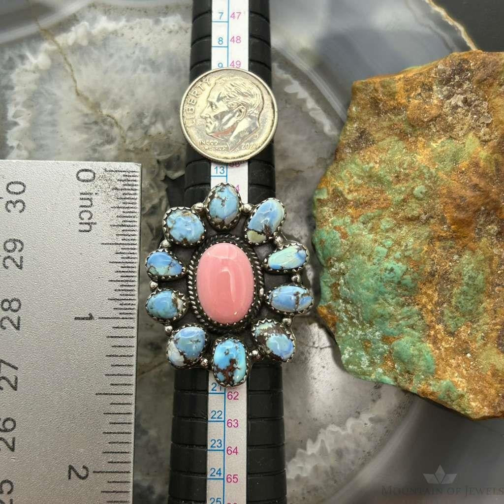 Sterling Silver Southwestern Style Pink Conch &Turquoise Adjustable Cluster Ring For Women