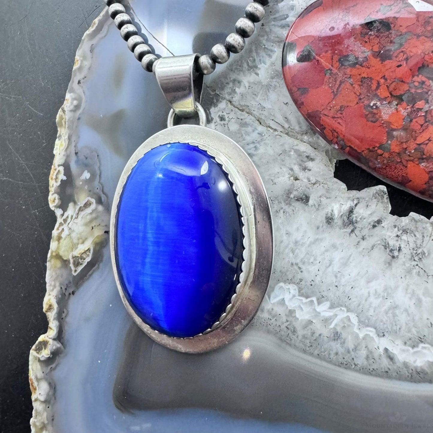 Vintage Sterling Silver Large Oval Blue Chalcedony Fashion Pendant For Women