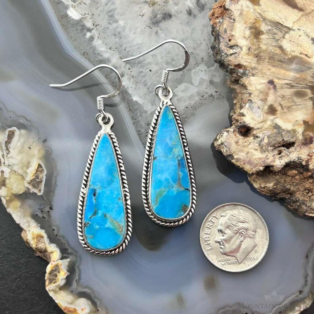 Sterling Silver Southwestern Style Teardrop Mojave Turquoise Dangle Earrings For Women