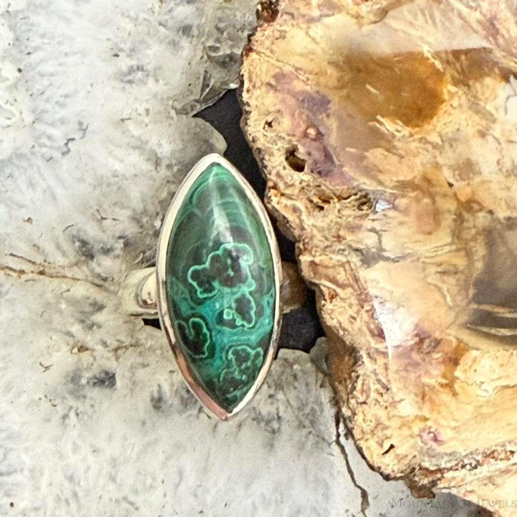 Sterling Silver Southwestern Style Marquise Malachite Ring Size 8 For Women