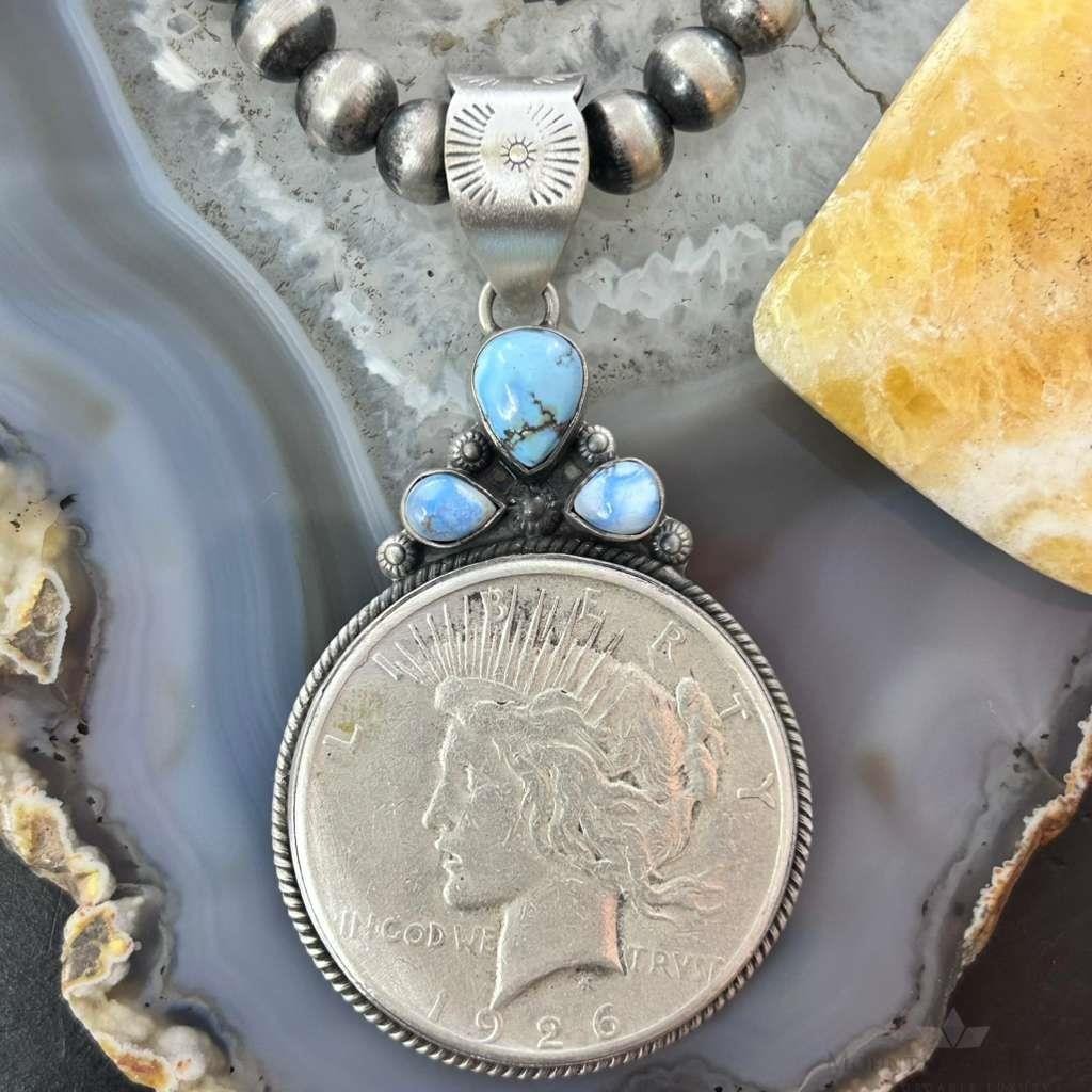 Genuine 1926 90% Peace Silver Dollar Coin Golden Hill Turquoise Unisex Pendant