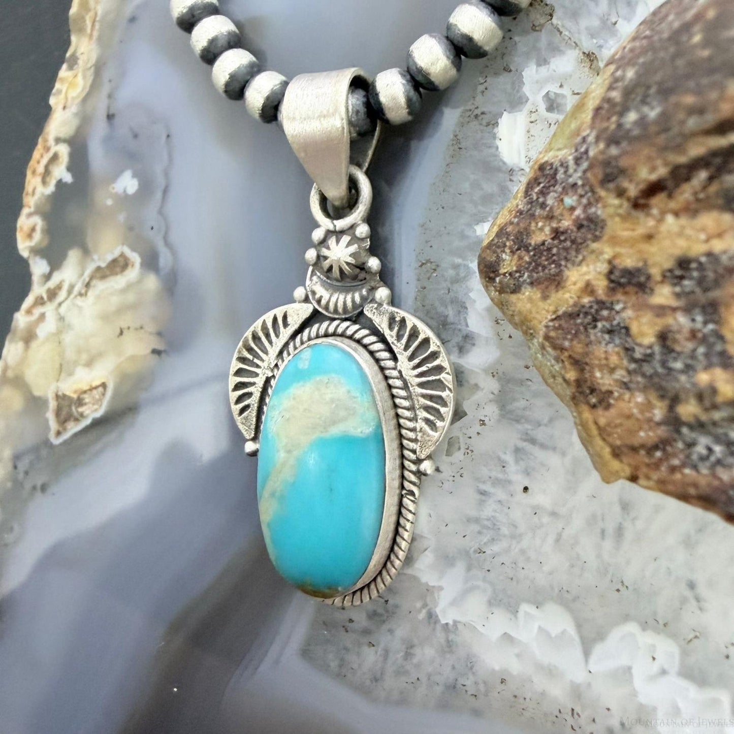 Sterling Silver Southwestern Style Oval Kingman Turquoise Decorated Pendant For Women