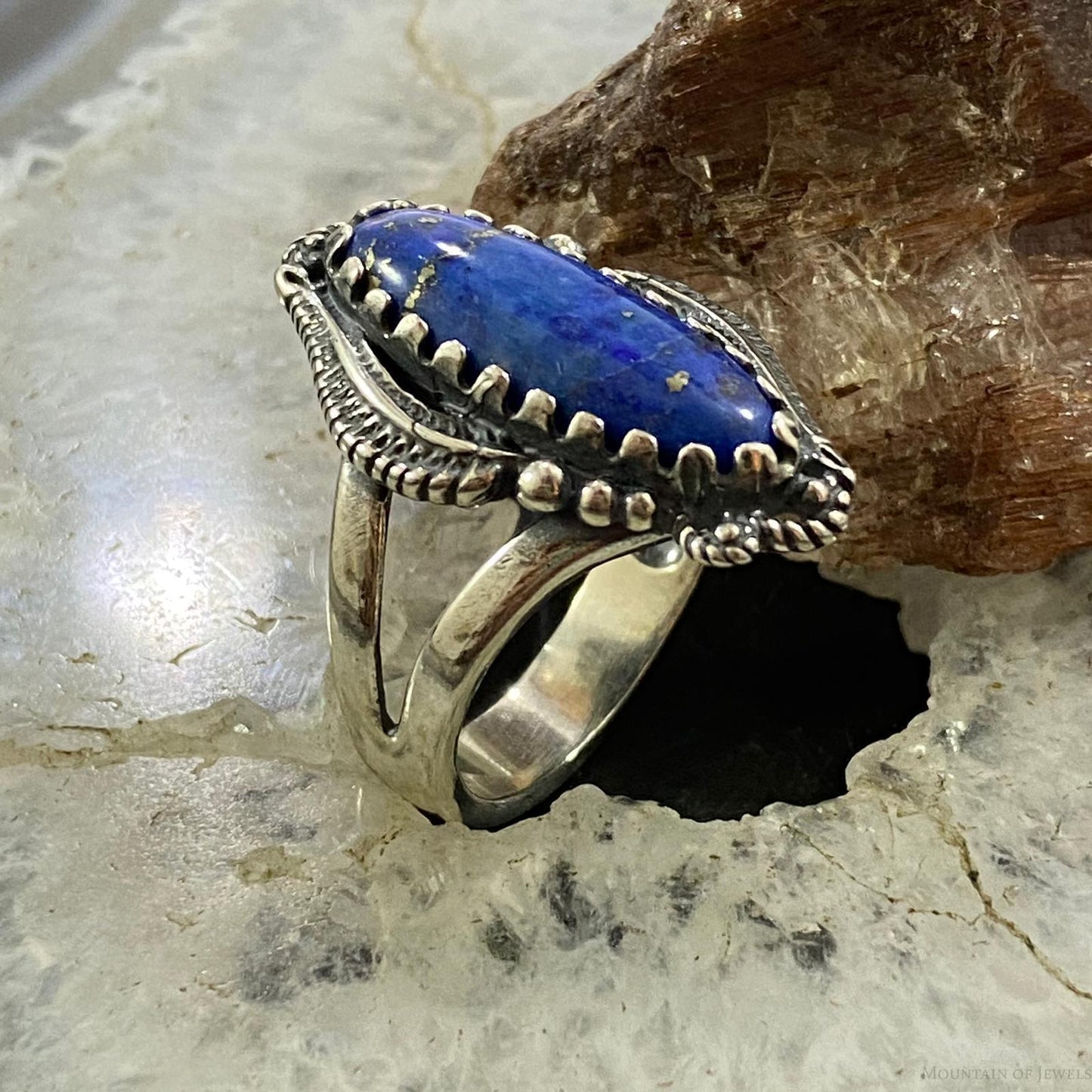 Carolyn Pollack Southwestern Style Sterling Silver Marquise Denim Lapis Decorated Ring For Women, Variety of Sizes