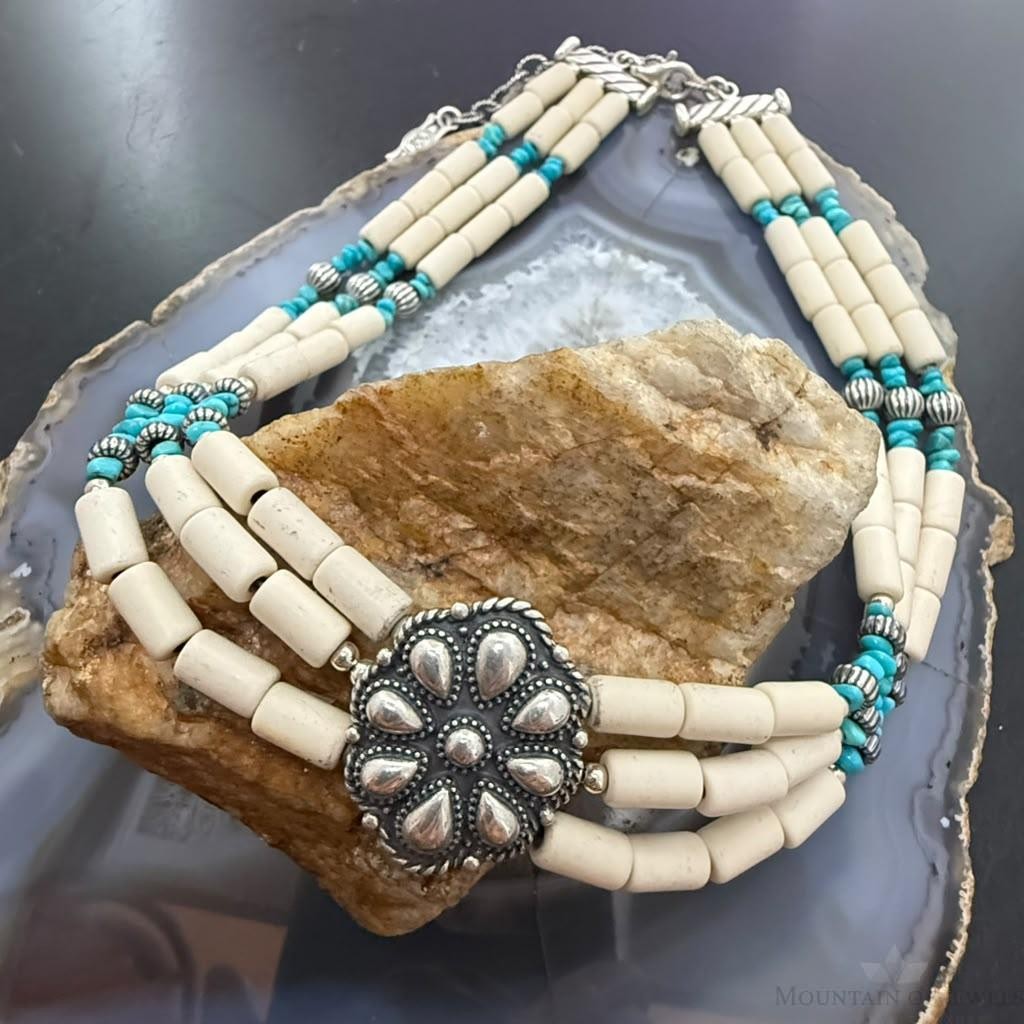 Carolyn Pollack Sterling Silver Concho w/Turquoise &White Agate 19" Necklace For Women.