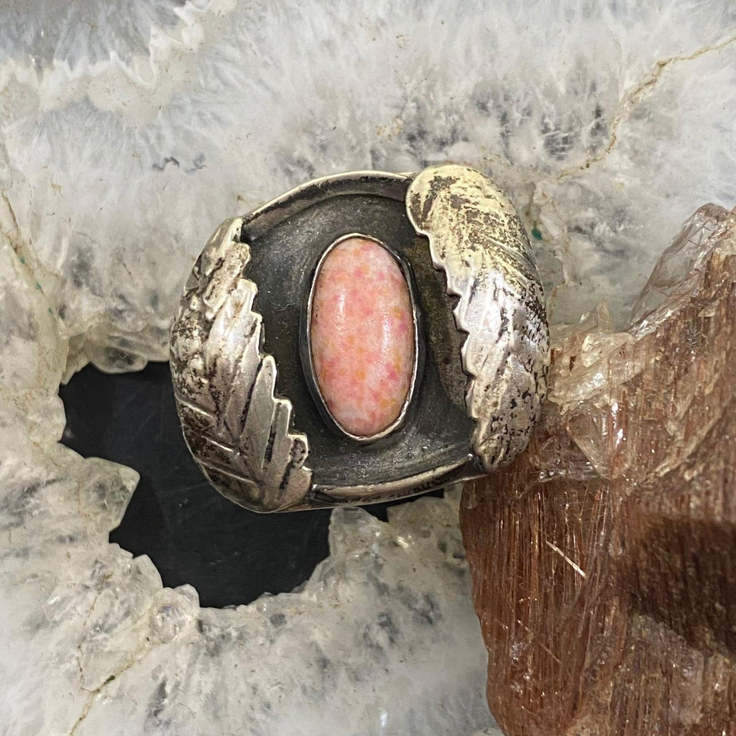 Vintage Sterling Silver Rhodochrosite with Leaves Ring Size 8.25 For Women