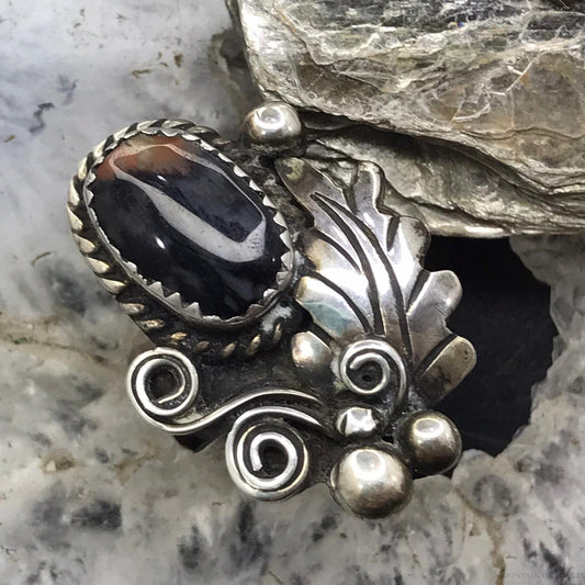 Vintage Signed Native American Silver Snowflake Obsidian Ring Size 7 For Women