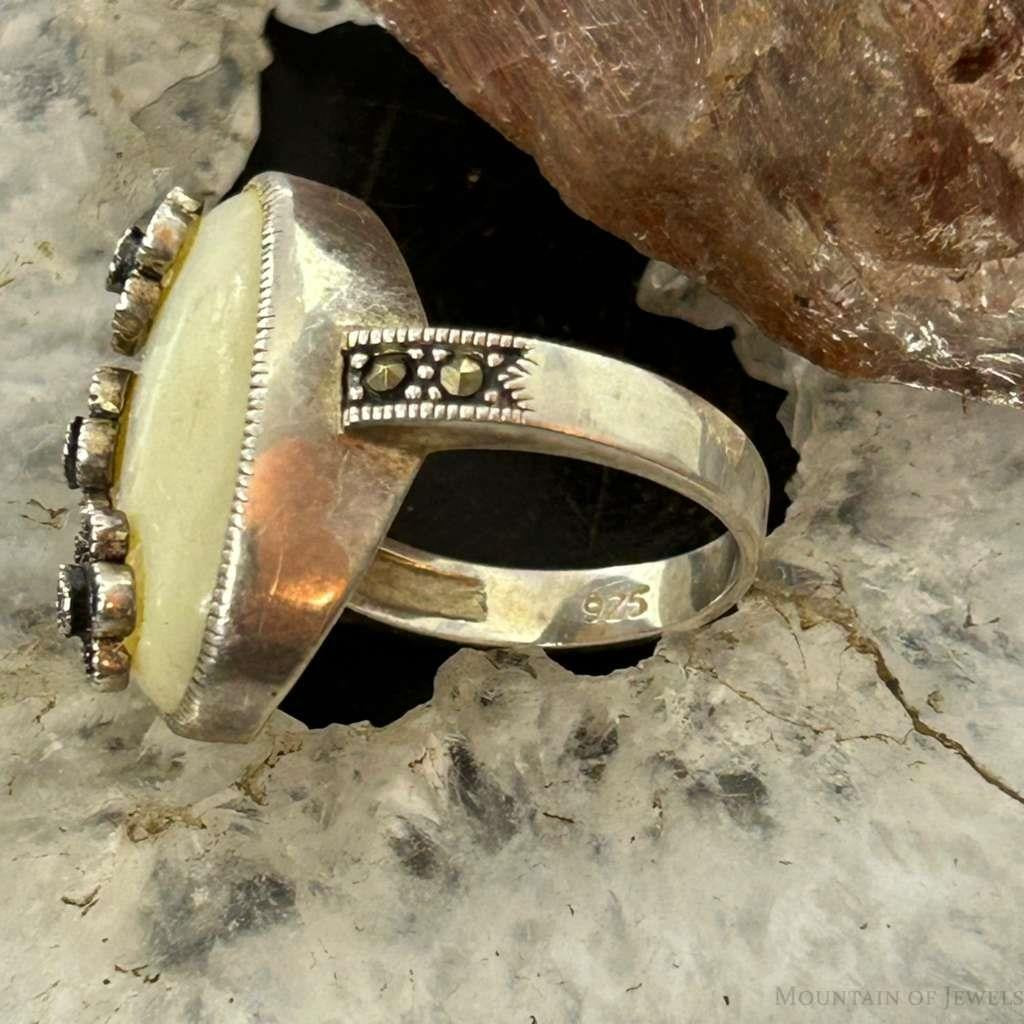 Sterling Silver Mother of Pearl & Marcasite Flower Ring Size 8 For Women